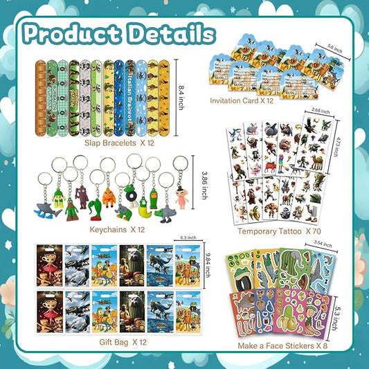 126 PCS Italian Brainrot Party Favors Set – Temporary Tattoos, Slap Bracelets, Invitation Cards, Keychains, Gift Bags & Make a Face Stickers for Italian Brainrot Party Gift Giveaways, Holiday Rewards