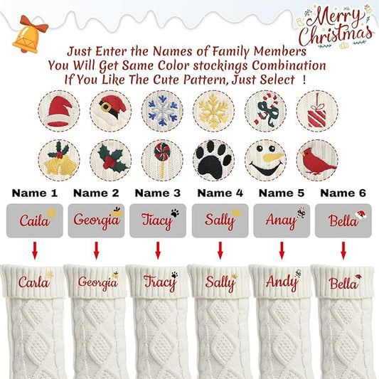 Personalized Christmas Stockings,Custom Embroidered Name+Logo Xmas Knitted Stockings 18'',Holiday and Family Stocking for Fireplace Christmas Holiday Party Decoration 1-6Pack(White)