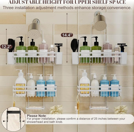Shower Caddy Hanging for Bathroom Organizers and Storage, Adjustable Anti-Swing Shower Organizer for Wall-Mounted Showerhead with Heavy-Duty Suction Cups, Damage-Free Rustproof (White)