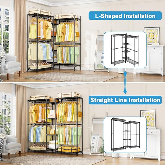 Ulif E4 Clothes Rack, Heavy-Duty Garment Rack, Metal Freestanding Clothing Organization Storage System Can Be L-Shaped with Shelves and Hangers, Max Load 962lbs, 71.6" W x 14.5" D x 79.3" H, Black