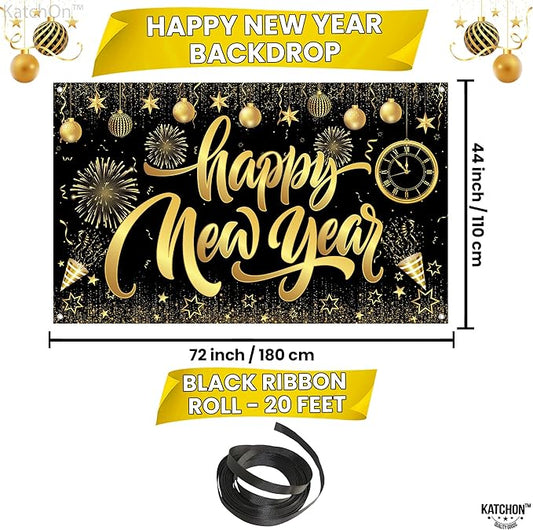 KatchOn, XtraLarge Happy New Year Banner - 72x44 Inch | Happy New Year Backdrop for New Years Decorations 2026 | NYE Eve Banner for NYE Decorations 2026 | New Years Eve Party Supplies 2026