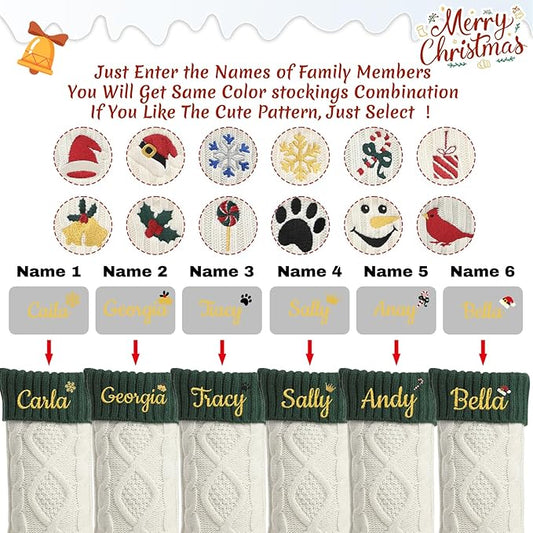 Personalized Christmas Stockings,Custom Embroidered Name+Logo Xmas Knitted Stockings 18'',Holiday and Family Stocking for Fireplace Christmas Holiday Party Decoration 1-6Pack(White Green)