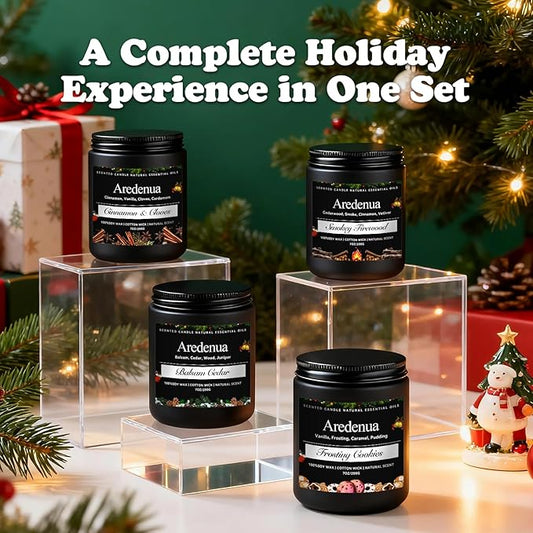 Winter Candles Set | 4 Pack Holiday Scented Candles - Cozy Winter Soy Candle Scents of Balsam Cedar/Firewood/Cinnamon & Cloves/Cookies - Holiday Aromatherapy Candle Gifts for Women Men