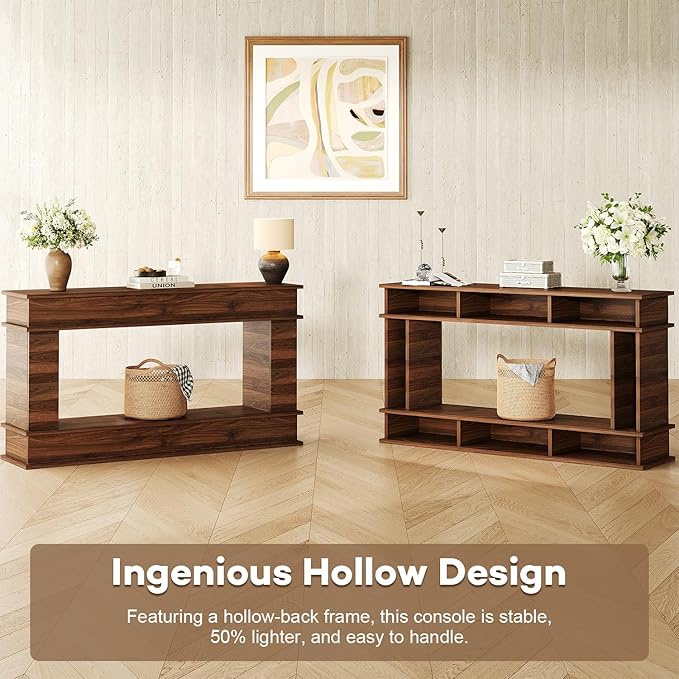 63 Inches Large Console Table, 2-Tier Entryway Table, Narrow Long Sofa Table Behind Couch, Bamboo-like Design, Heavy Duty Base, Farmhouse Wood Accent Decor for Living Room, Hallway, Foyer (Walnut)