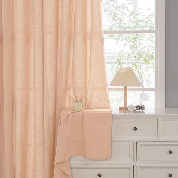 YoungsTex Peach Linen Curtains 45 Inches Long for Short Window, Semi Sheer Textured Drapes with Bronze Grommet Privacy Light Filtering for Kitchen Bedroom, 42 x 45 Inch, 2 Panels