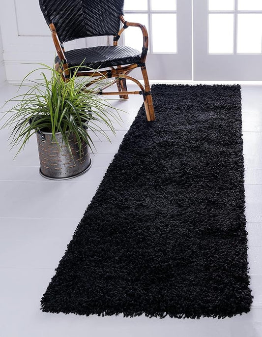 Unique Loom Solid Shag Collection Area Rug (2' 6" x 19' 8" Runner, Jet Black)