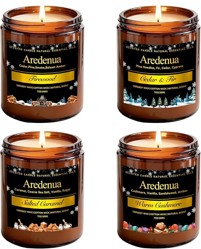 Winter Candles Set | 4 Pack Holiday Scented Candles - Cozy Winter Soy Candle Scents of Warm Cashmere/Firewood/Cedar & Fir/Salted Caramel - Christmas Candle Gifts for Women Men, Holiday Home Décor