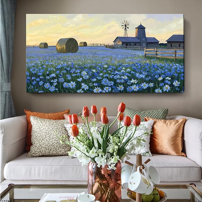 ARTZON Extra Large Wall Art Bedroom Living Room Oversized Farmhouse Sunset Art Work Rustic Country Blue Flower Meadow Landscape Canvas Print Artwork Windmill Picture for Kitchen Office Hallway 58"x29"