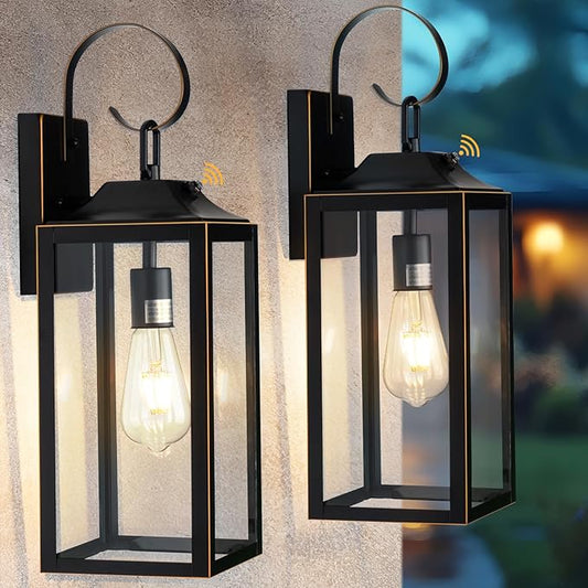 19" Dusk to Dawn Outdoor Lighting 2 Pack, Large Dusk to Dawn Outdoor Wall Lights, Black Sensor Porch Lights Outdoor Exterior Lighting Fixtures Wall Mount for House Garage -with Gold Trim
