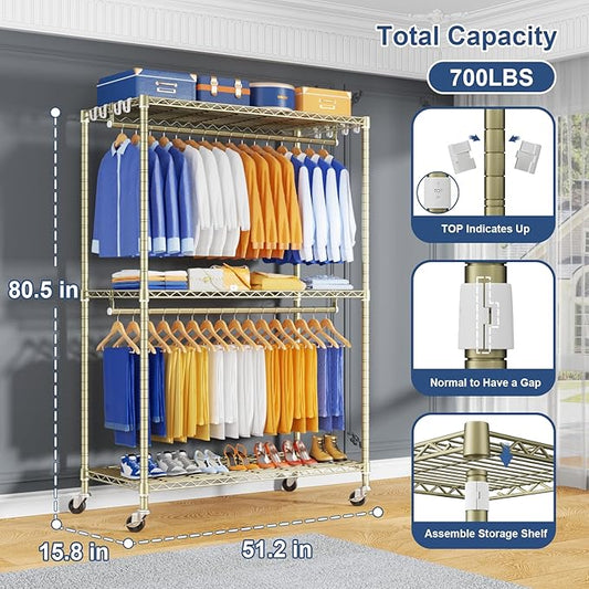 P8 Heavy Duty Clothes Rack(With Extended Width Design) Rolling Clothing Racks for Hanging Clothes,Portable Garment Rack with Lockable Wheels,51.2" W x 15.8" D x 80.5" H,Max Load 700LBS,Gold