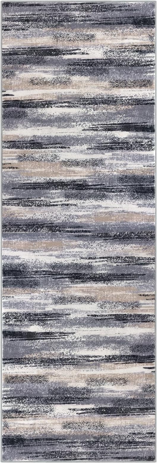 Modern Abstract Runner Rug 2.6x18, Grey Black Multi Washable Long Kitchen Runner Non-Slip Soft Hallway Rug Runner Thin Print Faux Wool Carpet for Entryway Bedroom Laundry Room Indoor Home Decor