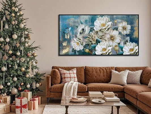 Arjun Extra Large Black Framed Flower Canvas Wall Art for Living Room White Elegant Modern Painting for Bedroom Textured Gold Foil Turquoise Picture Floral Teal Artwork Home Office Decor, 58"x29"