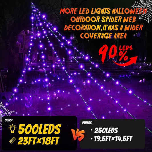 Halloween Decorations Outdoor Giant Spider Web Lights,23ft x 18ft Black Spider Web with 500 LEDs Purple,Waterproof for Halloween Yard Decorations and 8 Modes. (Black Nylon Rope and Purple LED Lights)