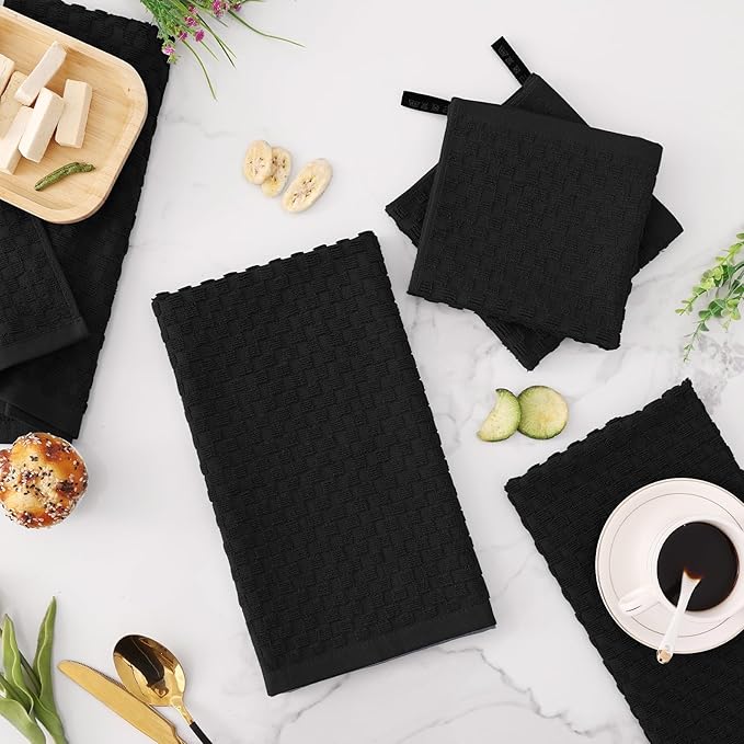 Fintale 100% Cotton Kitchen Towels and Dishcloths Set, 12 x 12 & 15 x 25 Inches, Set of 10 Bulk Super Soft and Absorbent Terry Cloth Dish Towels, Quick Drying Hand Towels with Hanging Loop, Black