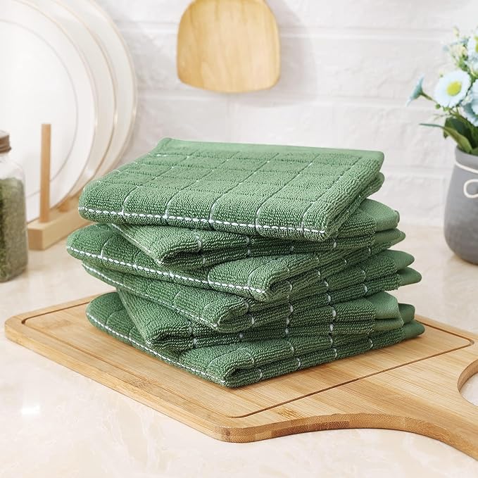 Homaxy 100% Cotton Terry Kitchen Dish Cloths, Ultra Soft and Absorbent Dish Towels for Kitchen, Suitable for Drying and Washing Dishes, 24 Pack, 12 x 12 Inches, Grass Green