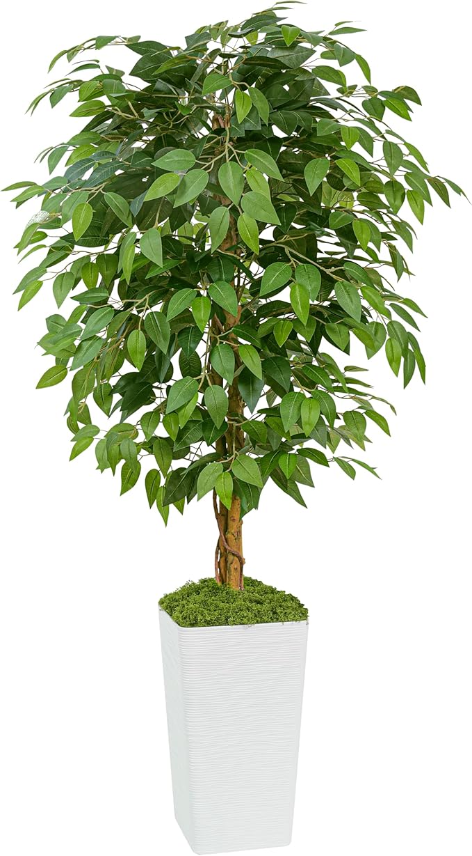 Artificial Ficus Tree 7FT Faux Floor Tree with Planter UV Resistant Potted Fake Silk Plant, Real Wood Trunk-Indoor Outdoor Lifelike Fake Ficus Tree for Home, Living Room Bedroom Topiary Tree