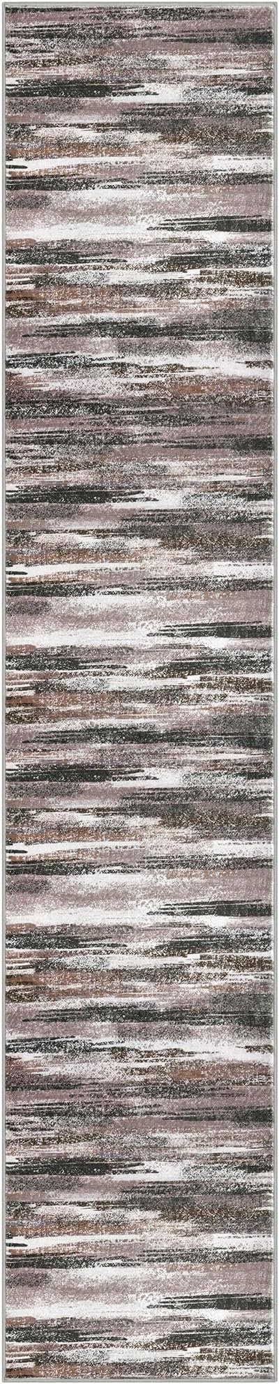 Modern Abstract Runner Rug 2.6x14, Dark Light Brown White Washable Long Kitchen Runner Non-Slip Soft Hallway Rug Runner Thin Print Faux Wool Carpet for Entryway Bedroom Laundry Room Indoor