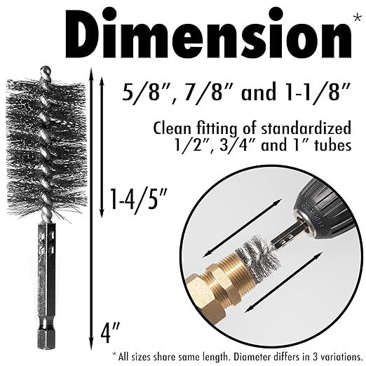6pcs Copper Tube Pipe Cleaner for Fittings, 1/2” 3/4” 1” Pipe Cleaning Brush Set, Stainless Steel Wire Bore Brushes for Power Drill, 1/4 Inch Hex Shank