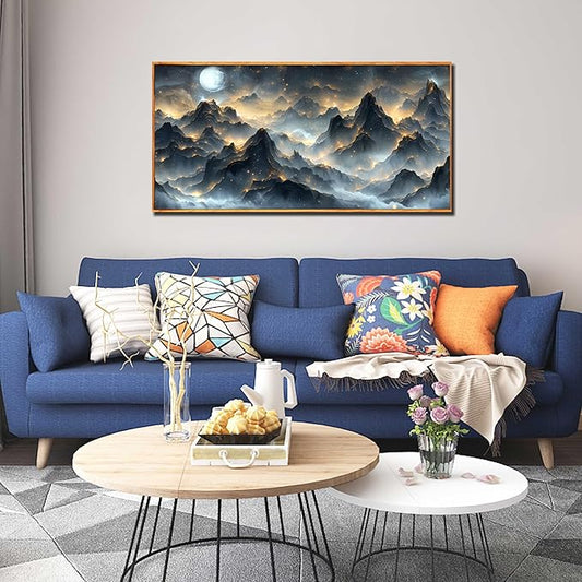 Ouzzlie Black and Gold Art Wall Decor Moon Wall Art for Office Mountain Landscape Canvas Picture Artwork 24" x 48"