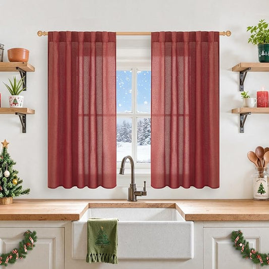 YoungsTex Burgundy Red Linen Curtains 45 Inch Length, Short Semi Sheer Drapes with Rod Pocket Back Tab Light Filtering Christmas Decor for Bathroom Kitchen Windows, 2 Panels, 42 X 45 Inch