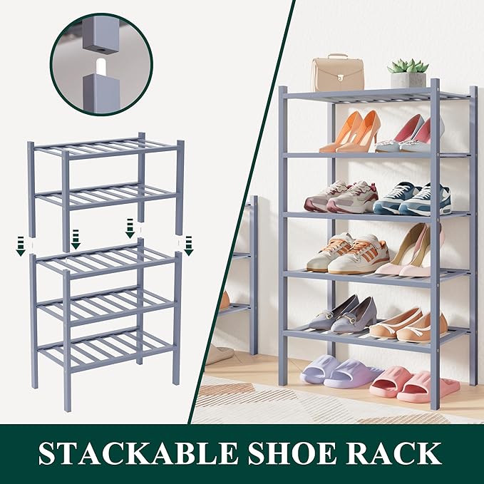 Smiry Bamboo Shoe Rack for Closet, 4 Tier Small Wooden Stackable Shoe Organizer, Free Standing Shoes Storage Shelf for Entryway, Front Door Entrance, Grey
