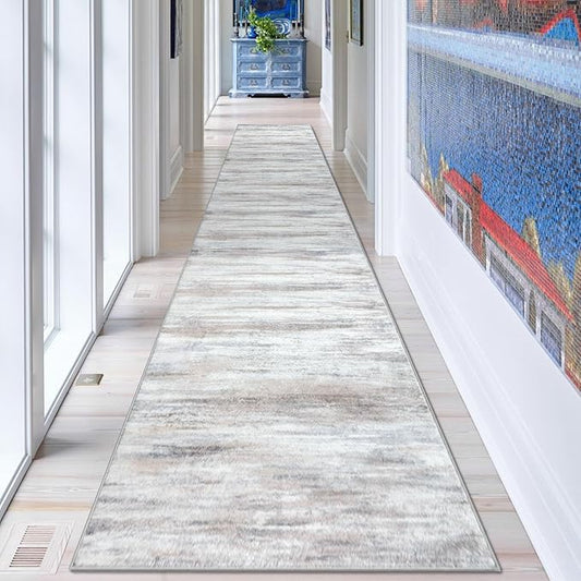 KOZYFLY Modern Abstract Kitchen Runner Rug, 2.6x14 Washable Rug Runner Non-Slip Soft Striped Hallway Runner Rugs, Beige Print Carpet Runner for Entryway Bathroom Laundry Room Foyer