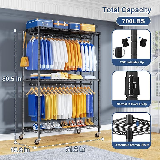 P8 Heavy Duty Clothes Rack(With Extended Width Design) Rolling Clothing Racks for Hanging Clothes,Portable Garment Rack with Lockable Wheels,51.2" W x 15.8" D x 80.5" H,Max Load 700LBS,Black