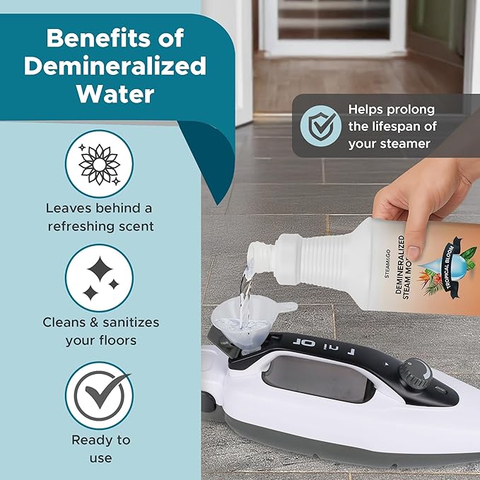 Steam & Go Demineralized Water Cleaning Solution for Floor & Multi-Surface Steam Cleaners - Compatible for All Steam Mops - Tropical Bloom Scent, 32 oz