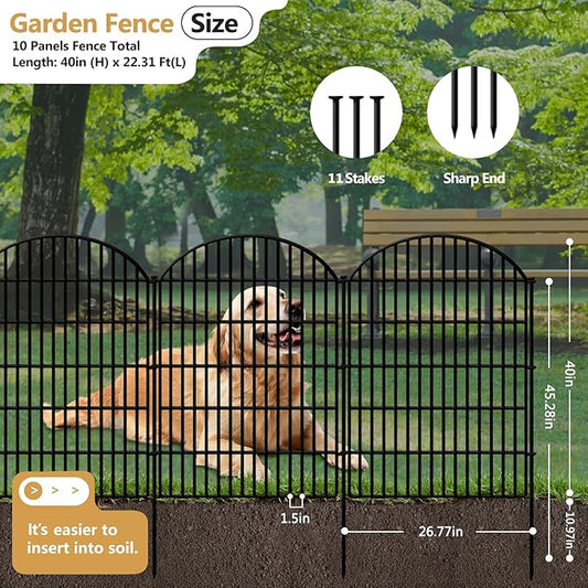 10 Panels Decorative Garden Fence, 40in (H) X 22.31ft (L) No Dig Dog Fences Outdoor for Yard, Rustproof Tall Metal Fencing Panels, Animal Barrier Suitable for Yards Border, Patio, and Outdoor Use