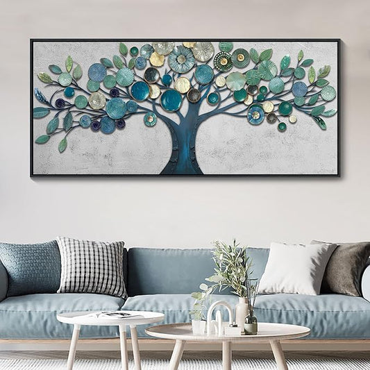 CHATYOUNG Extra Large Wall Art Office - Framed Blue Gold Leaves Gray Background Canvas Print Nature Wall Paintings Artwork for Living Room Bedroom Office Kitchen Home Wall Decor 71"x32"