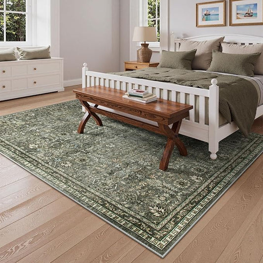 Lahome 5x7 Boho Bedroom Area Rug,Soft Vintage Washable Rugs for Living Room,Non Shedding Disdressed Floor Carpets for Home Decor Dining Room,Dark Olive Green