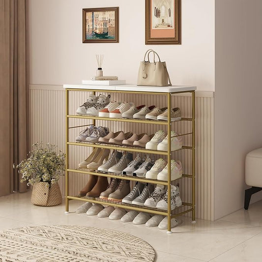 Shoe Rack Organizer 5 Tier for Closet Entryway Free Standing Metal Storage Shoe Shelf with MDF Top Board,Gold