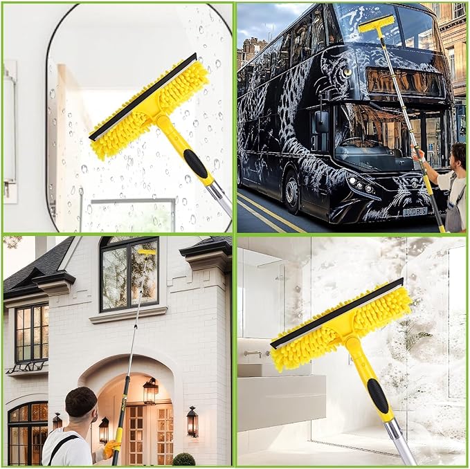 144'' Long Reach Window Squeegee with Telescoping Extension Pole,2 in 1 Shower Cleaning with Telescopic Pole,Extension Washing Tool with Rotatable Clean Head for Indoor/Outdoor High Window Glass