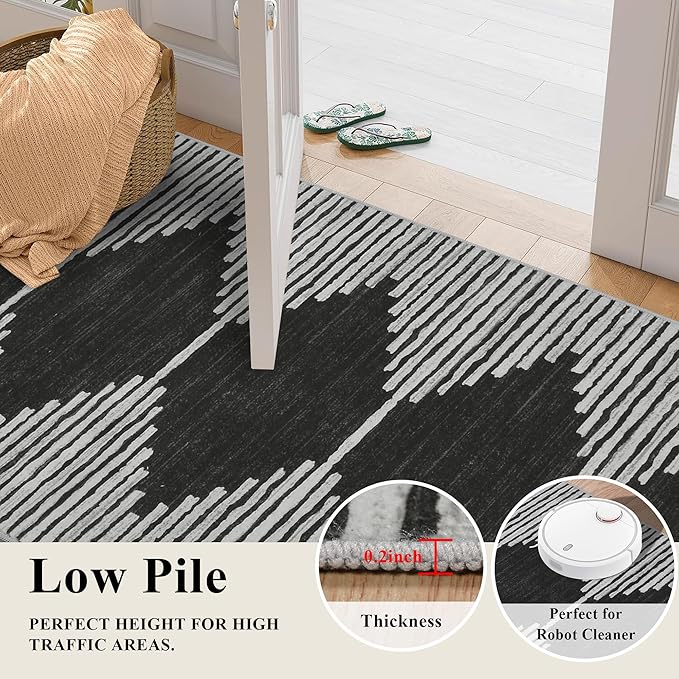 HelloTree Hallway Runner Rug,2.6x12 Moroccan Modern Stripe Carpet Washable Machine Bathroom Runner Bohemian Design Modern Soft Non Slip Indoor Rug for Entryway Hallway Laundry Room Bedroom-Black
