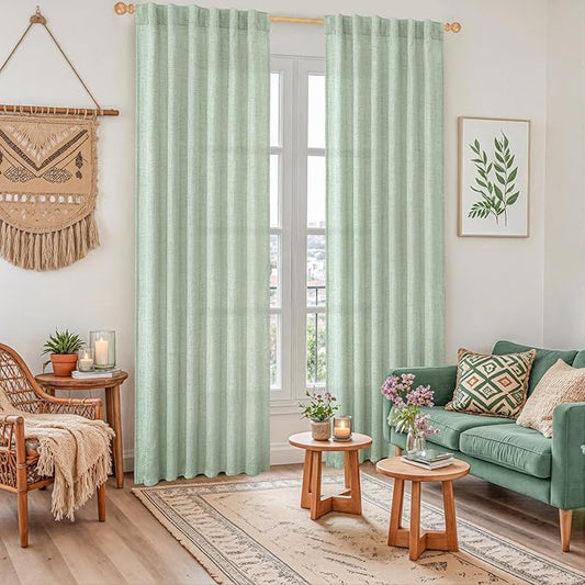 YoungsTex Light Sage Green Linen Curtains for Living Room 84 Inch Length, Light Filtering Drapes Semi Sheer with Back Tab Rod Pocket for Dining Bedroom Window, 2 Panels, 52 X 84 Inch