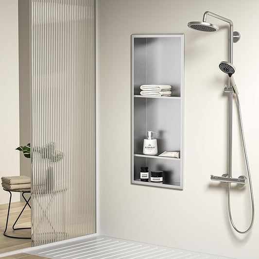 Stainless Steel Shower Niche 30" X 12" Brushed with 3-Tier Shelves No Tile Needed Niche Shower for Bathroom Storage Recessed Shower Shelf