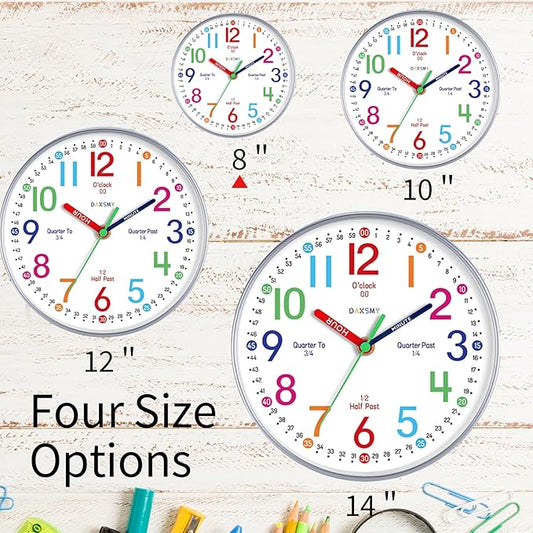 Wall Clock for Kids Learning to Tell Time Easily Non Ticking Battery Operated Kids Teaching Clock Silent Colorful Teaching Time Clock Decorative for Kids Room Classroom School (8 Inch)