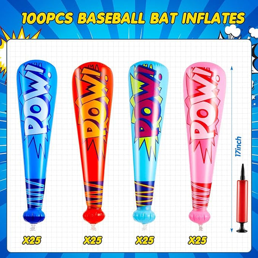 Seematn 100 Pcs Pow Inflatable Baseball Bats 17 Inch Inflatable Blow up Bats for Kids Carnival Game Prizes Bulk Baseball Party Favors Carnival Hero Sports Prizes (Blue,Dark Blue,Pink,Red)