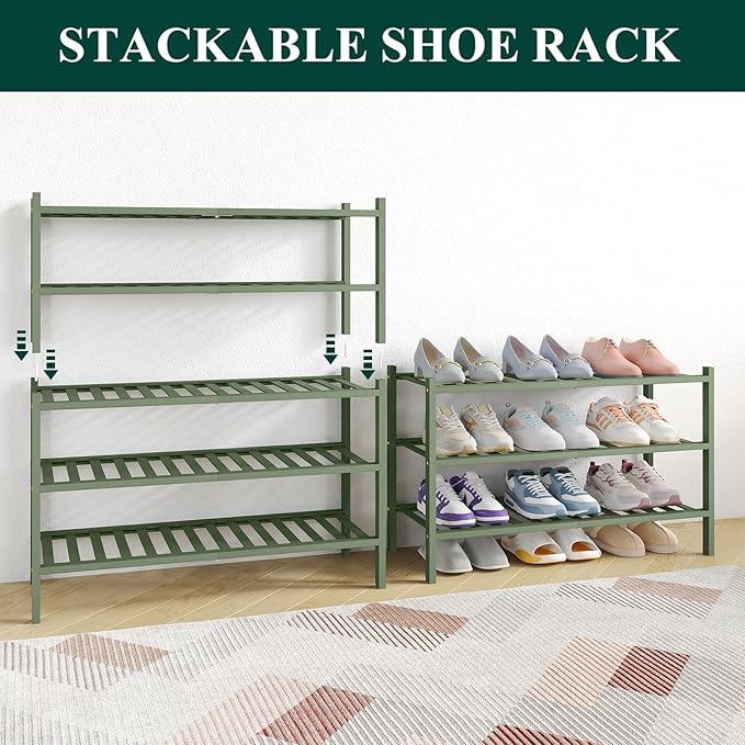Smiry Bamboo Shoe Rack for Closet, 5 Tier Wooden Stackable Shoe Organizer, Free Standing Shoes Storage Shelf for Entryway, Front Door Entrance, Green