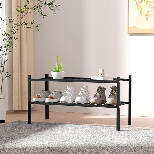 2 Tier Bamboo Shoe Rack for Closet Free Standing Wood Shoe Shelf for Entryway Small Space Stackable 27"x11"x13" (Black)