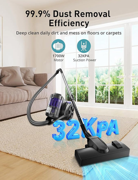 Aspiron 1700W Canister Vacuum Cleaner, 32Kpa Bagless Vacuum Cleaner, Multi-Cyclonic Filtration, 2 Anti-Allergen HEPA Filters, 3.5QT Dust Cup, 4 Tools, Corded Vacuum for Hard Floor, Pet Hair, Lavender
