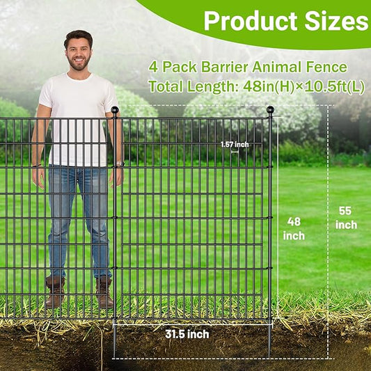 4 Panels No Dig Decorative Outdoor Garden Fence with Gate for Yard, 48 in(H) X 10.5 ft(L) Animal Barrier Fencing Rustproof Metal Wire Panel Border for Dog, Rabbits, and Patio Temporary Ground Stakes