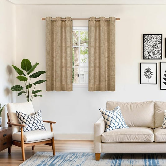 YoungsTex Burlap Linen Curtains 48 Inch Length for Short Window, Toffee Semi Sheer Drapes with Bronze Grommet Light Filtering for Kitchen Cafe Bathroom Bedroom, 2 Panels, 42 X 48 Inch