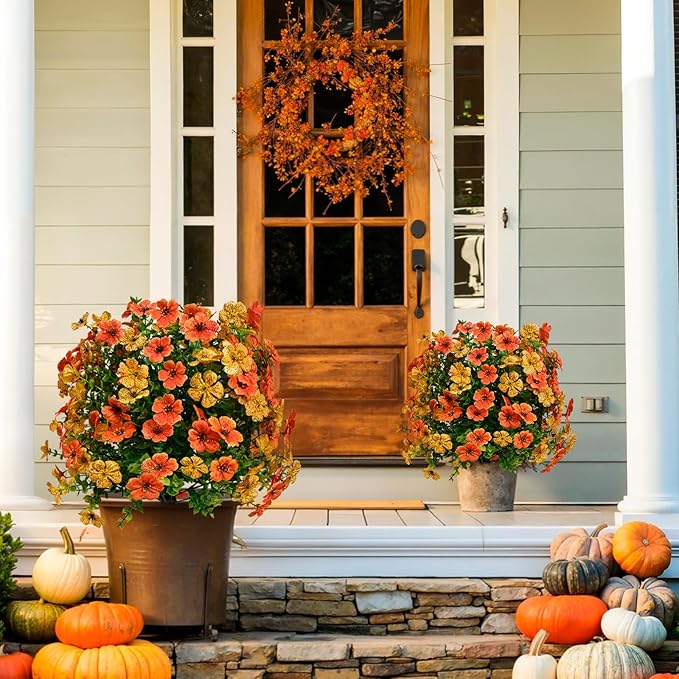 23" Set of 2 Artificial Boxwood Topiary Flowers Ball with Spikes for Outdoor Fall Decorations, Faux Greenery Shrubs,Fake Bushes Plants for Garden, Yard, Front Porch, Patio(Orange Green )