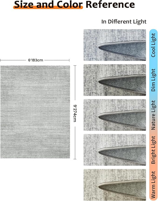 Art&Tuft Washable Rugs 6x9, Low Pile Area Rugs for Living Room - Non Slip and Stain Resistant Soft Thin 6x9 Rug for Bedroom, Dining Room, Kitchen, Office, Grey
