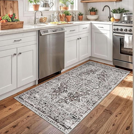 KUTA Vintage Floral Rug 3x5, Area Rugs for Living Room Tan Grey Washable Kitchen Non-Slip, Ultra Soft Printed Distressed Tribal Low-Pile Entry Throw Carpet for Nursery Living Room