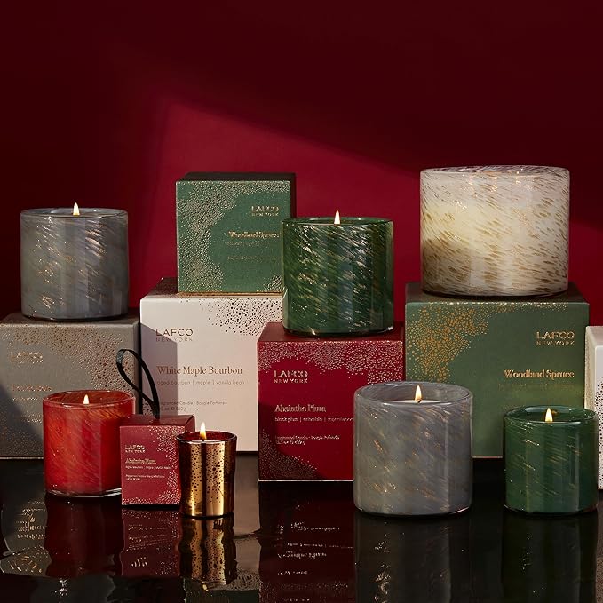LAFCO New York Holiday Classic Candle Duo - 6.5 oz Each - Includes Absinthe Plum & Woodland Spruce - 100-Hour Burn Time - Reusable, Hand Blown Glass Vessels - Made in The USA