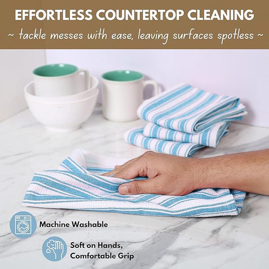 Native Fab Cotton Kitchen Towels - 16x26 inches - Set of 4 - Basket Weave Stripe Dish Towels for Cleaning, Drying Dishes, Absorbent Dish Cloths Set with Hanging Loop - Turquiose Blue