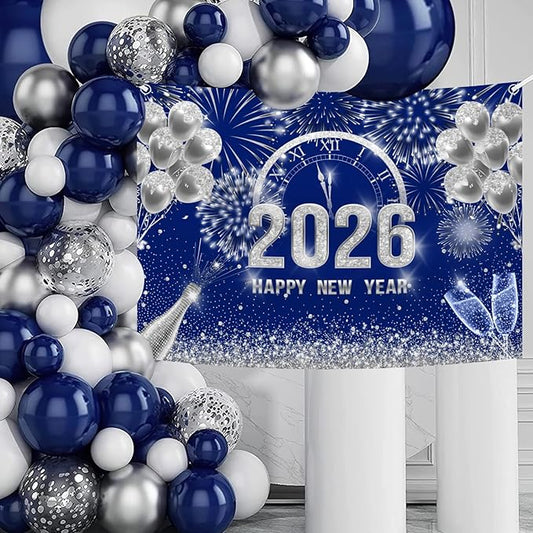 MEHOFOND 7x5 ft Blue and Silver 2026 Happy New Year Backdrop Cheers to 2026 New Year Eve Glitter Photography Background Hello 2026 Party Champagne Balloon Fireworks Decor Banner Cake Smash Photo Props