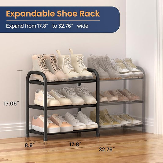 ENJOYBASICS Expandable Shoe Rack, 3 Tier Adjustable Shoe Organizer Shelf for Closet, Black Metal Free Standing Shoe Rack Storage for Small Space, Entryway